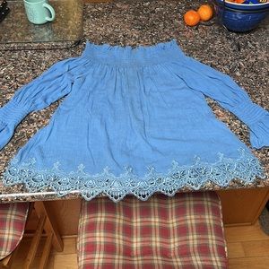Cute Periwinkle blue cold shoulder blouse. 100 rayon. Cute embroidered hem pc